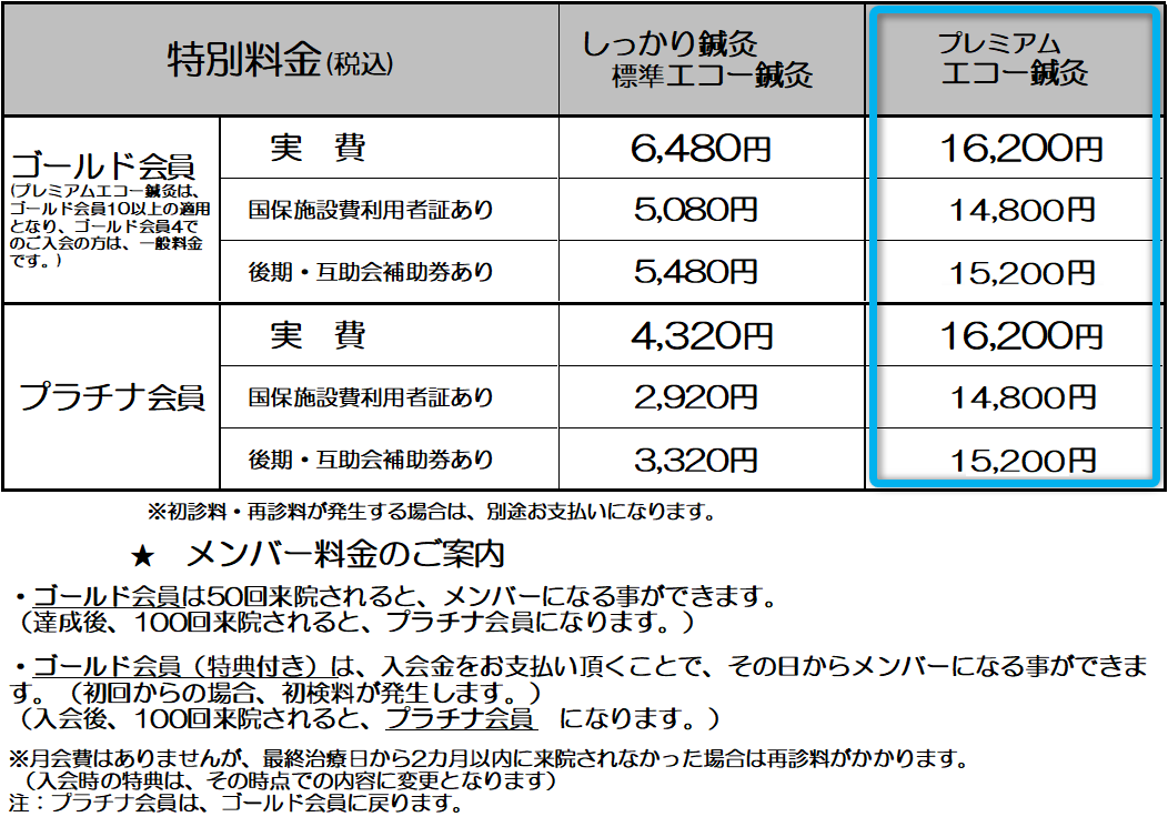 プレミアム・エコー鍼灸 メンバー料金表_高野鍼灸リラクセーション