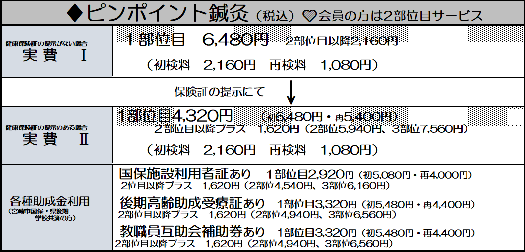 ピンポイント鍼灸料金表_高野鍼灸リラクセーション