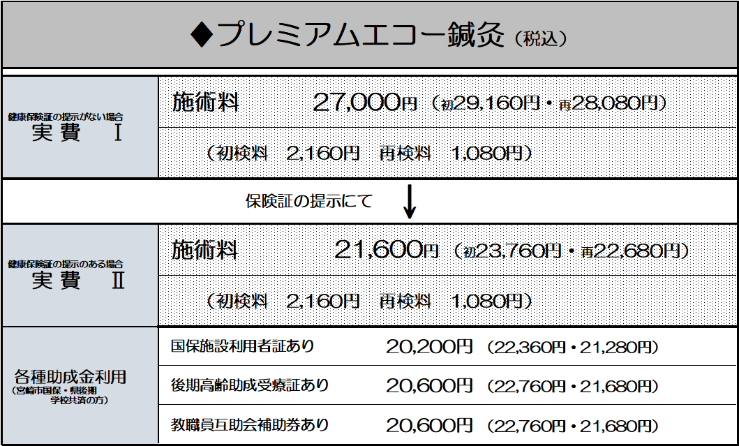 プレミアム・エコー鍼灸 通常料金表_高野鍼灸リラクセーション